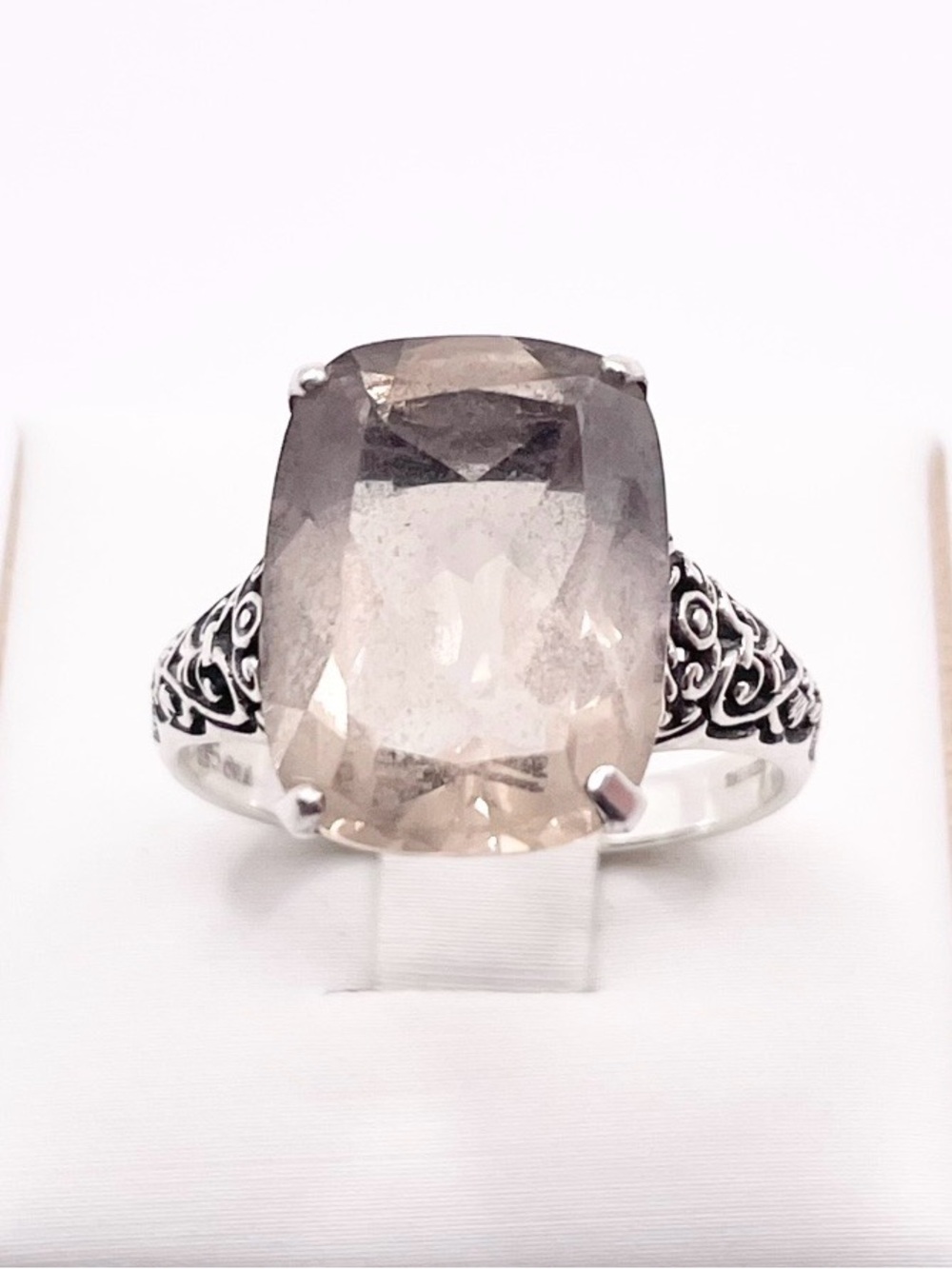 Size 9.5 Vintage CNA 925 Sterling Silver Cushion-Cut Smokey Quartz Ring